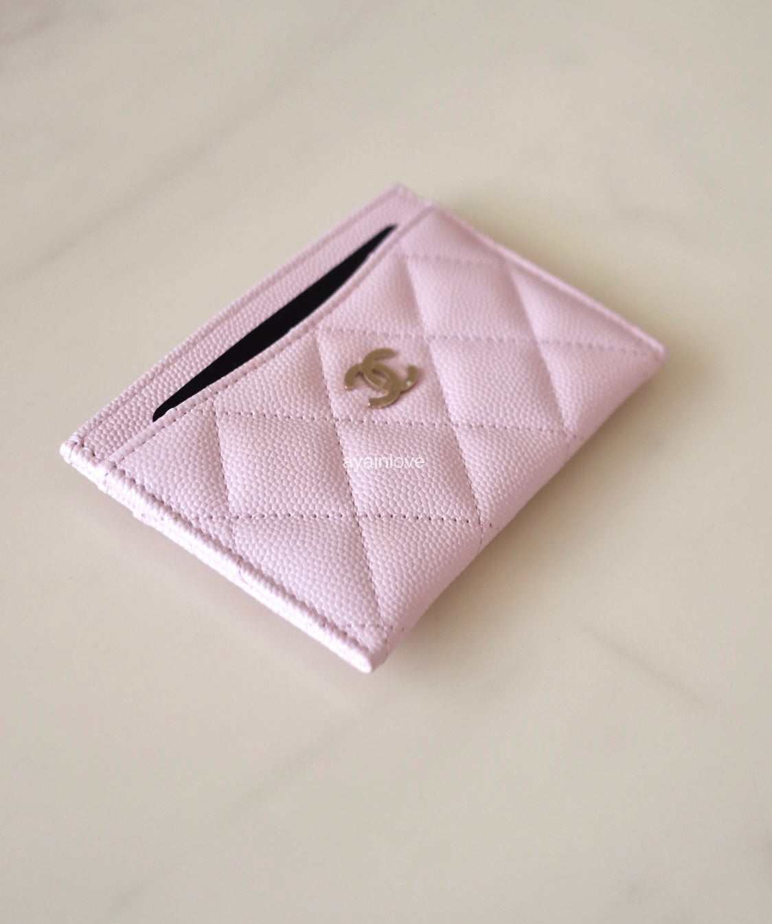 CHANEL 22P Light Pink Rose Clair Caviar Flat Card Holder Light Gold Hardware