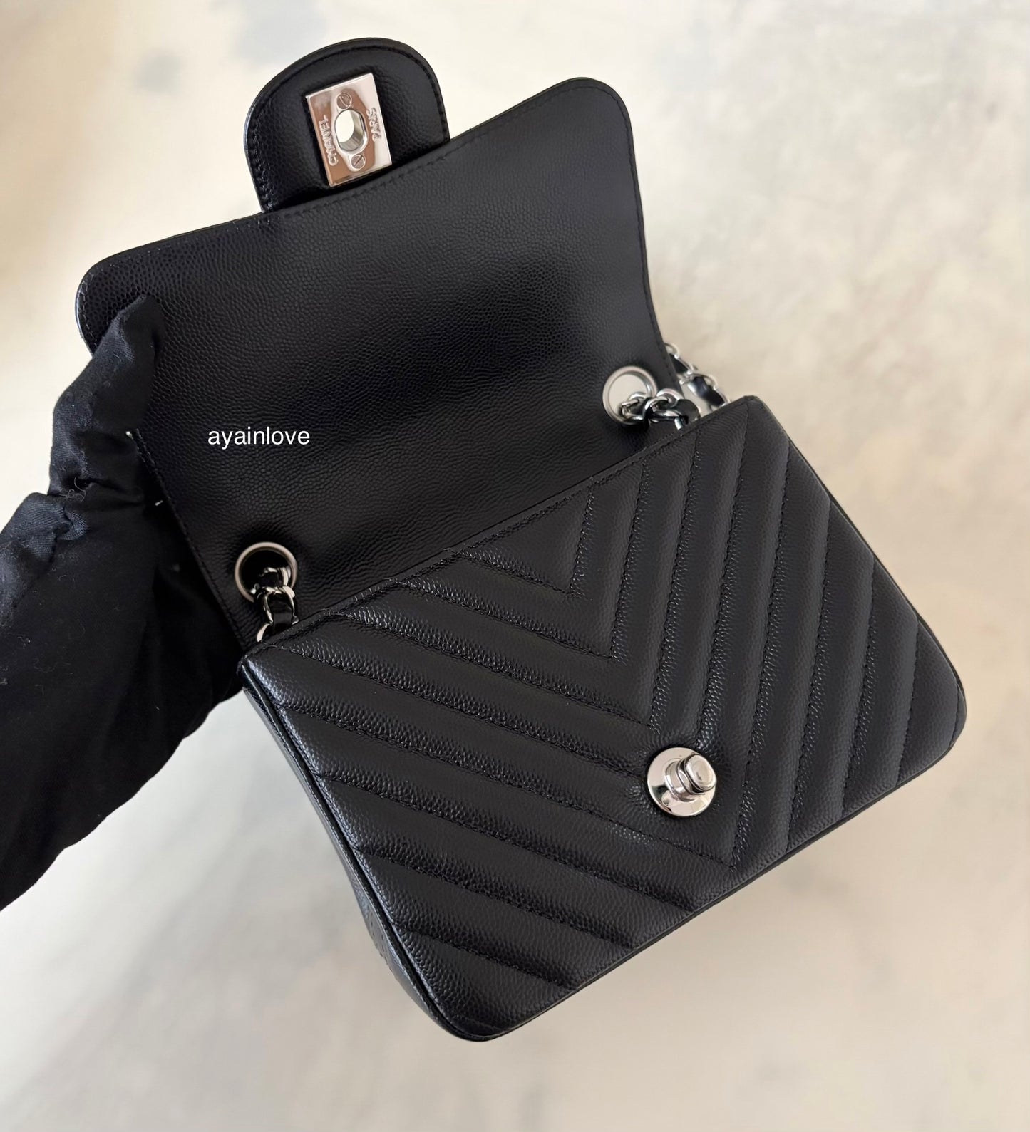 CHANEL 16S Black Caviar Chevron Classic Square Mini Flap Bag Silver Hardware
