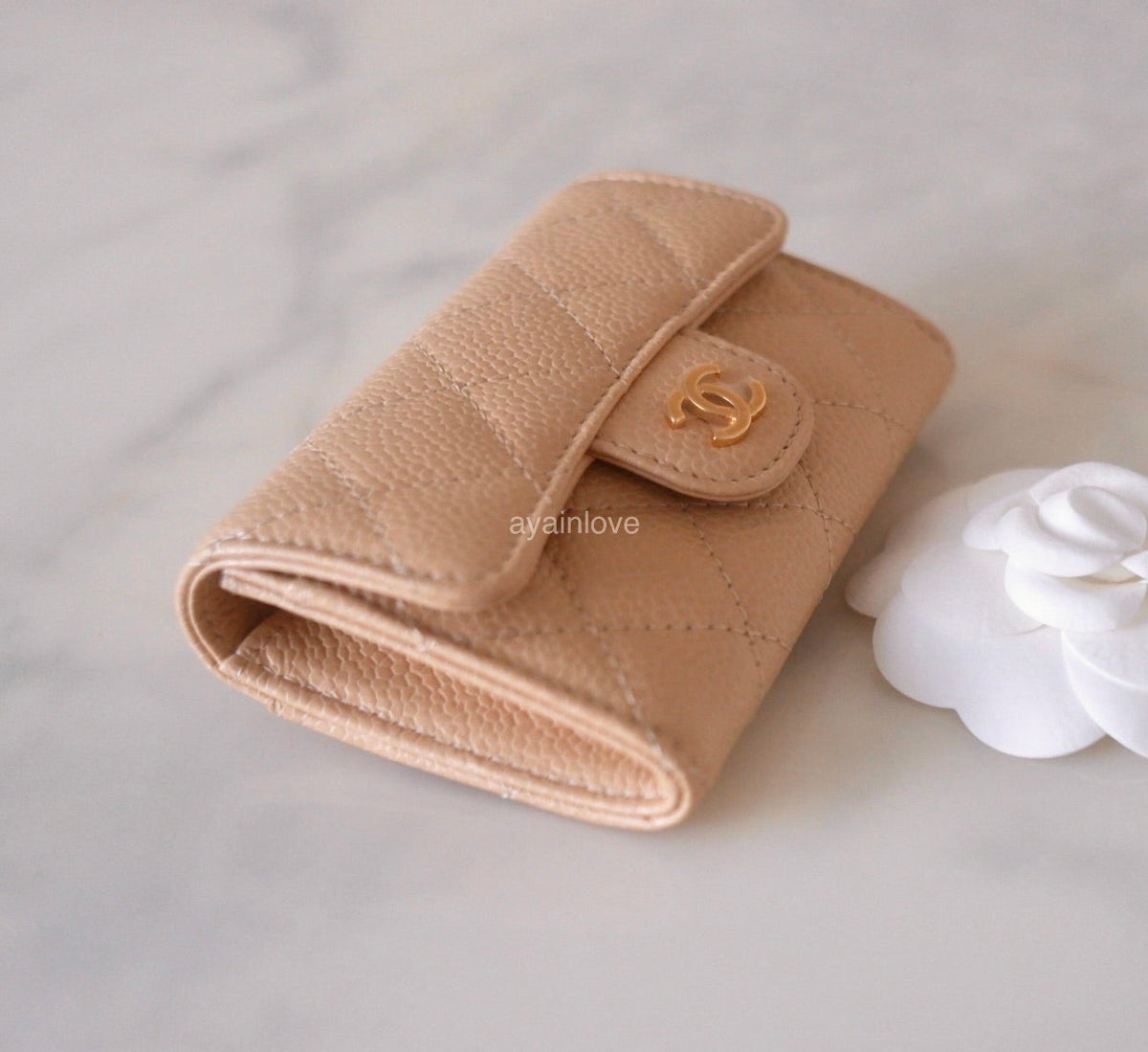 CHANEL Classic Beige Clair Caviar Small Snap Card Holder Gold Hardware