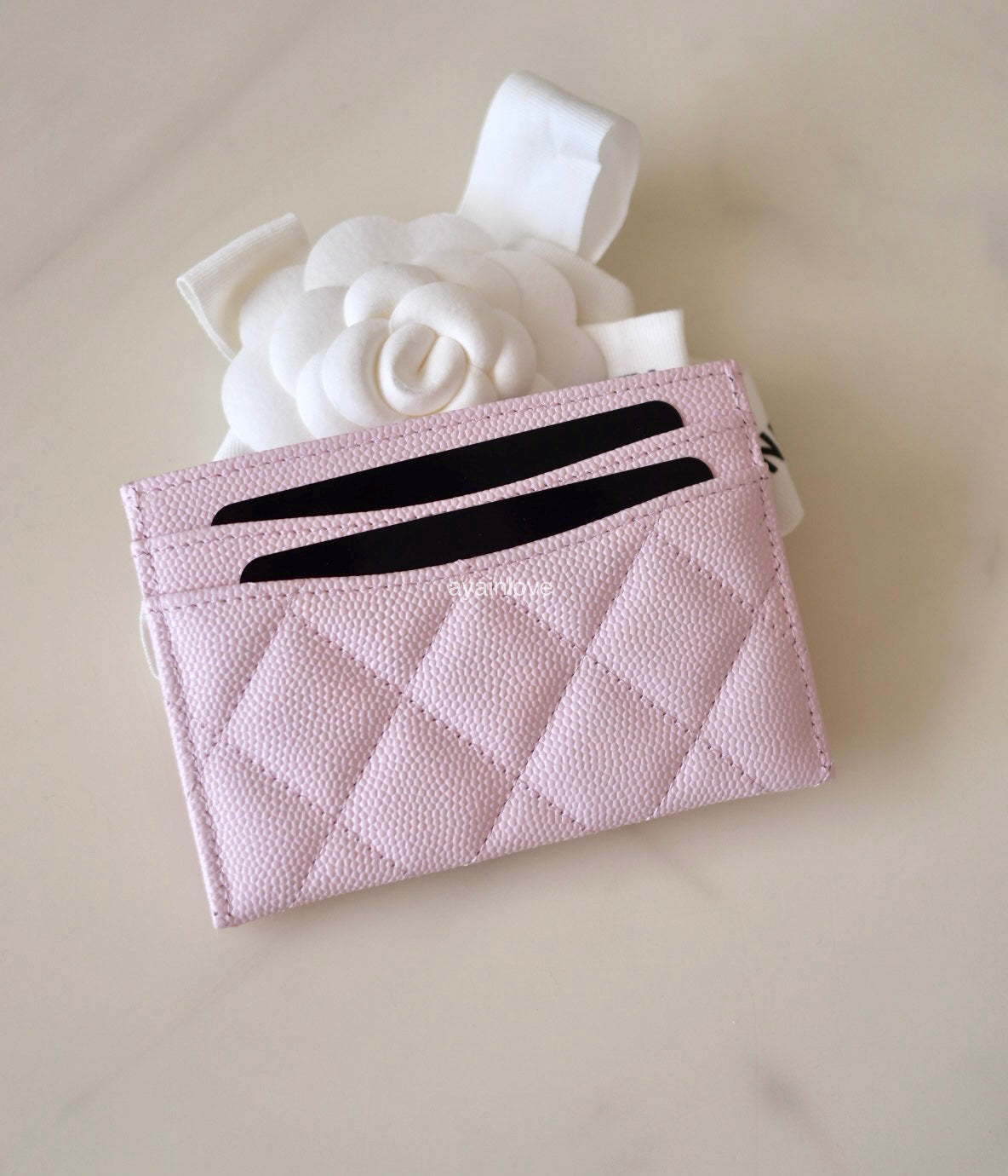 CHANEL 22P Light Pink Rose Clair Caviar Flat Card Holder Light Gold Hardware