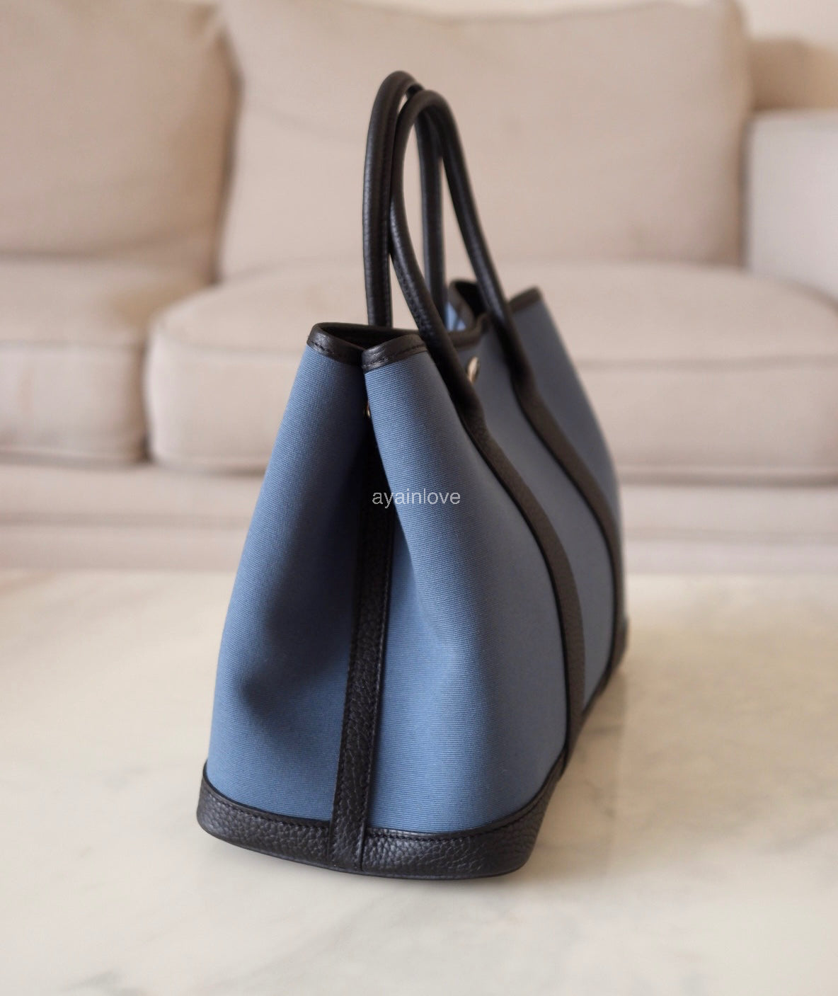 HERMES Garden Party 30 Canvas/Negonda Navy Blue/Black Bag Palladium Hardware W Stamp