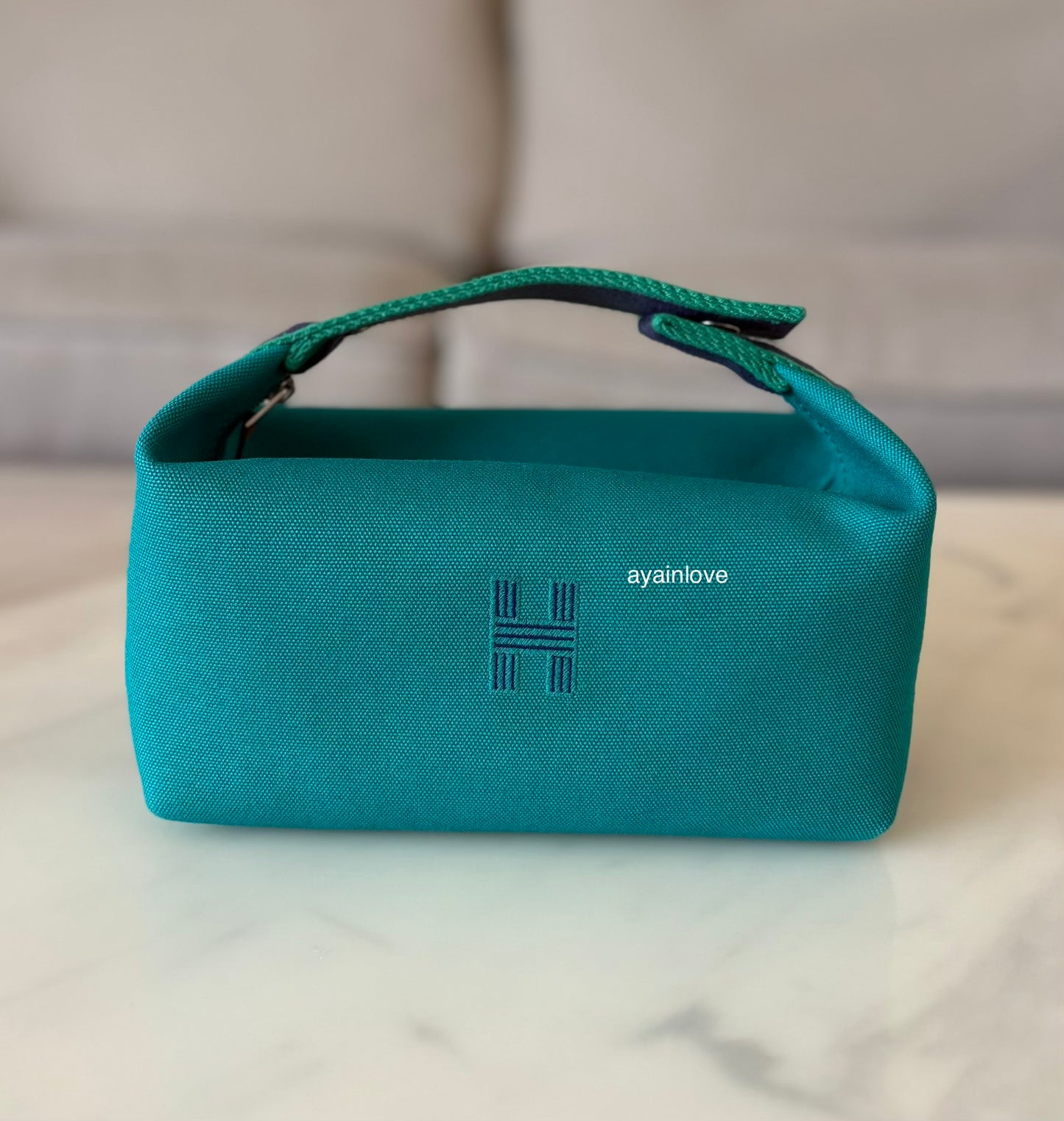HERMES Bride-A-Brac Green Canvas Toilette Au Carre Case Small PM Palladium Hardware