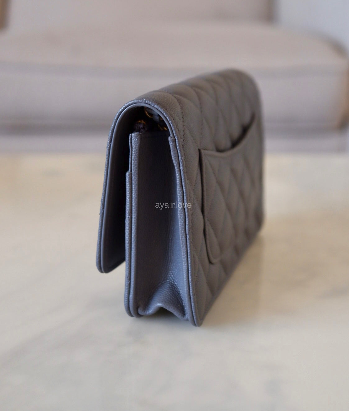 CHANEL 23K Dark Grey Caviar Camellia CC Wallet On Chain *Microchipped* Brushed Gold Hardware