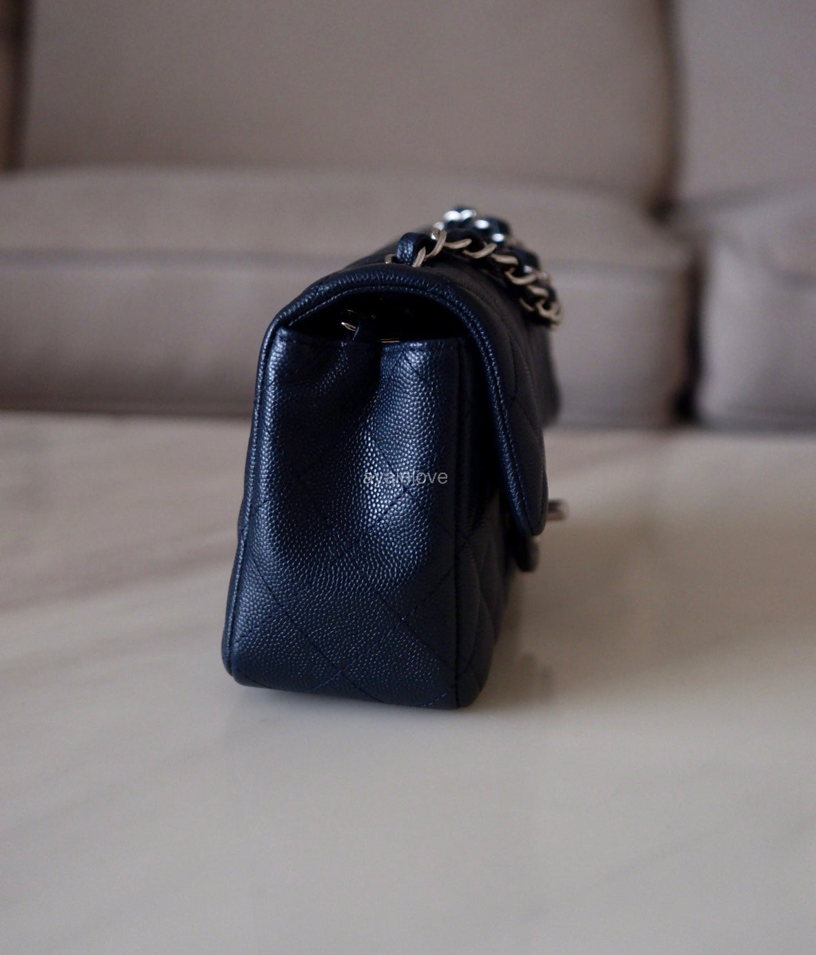 CHANEL 18B Navy Blue Caviar Quilted Rectangular Mini Flap Bag Silver Hardware