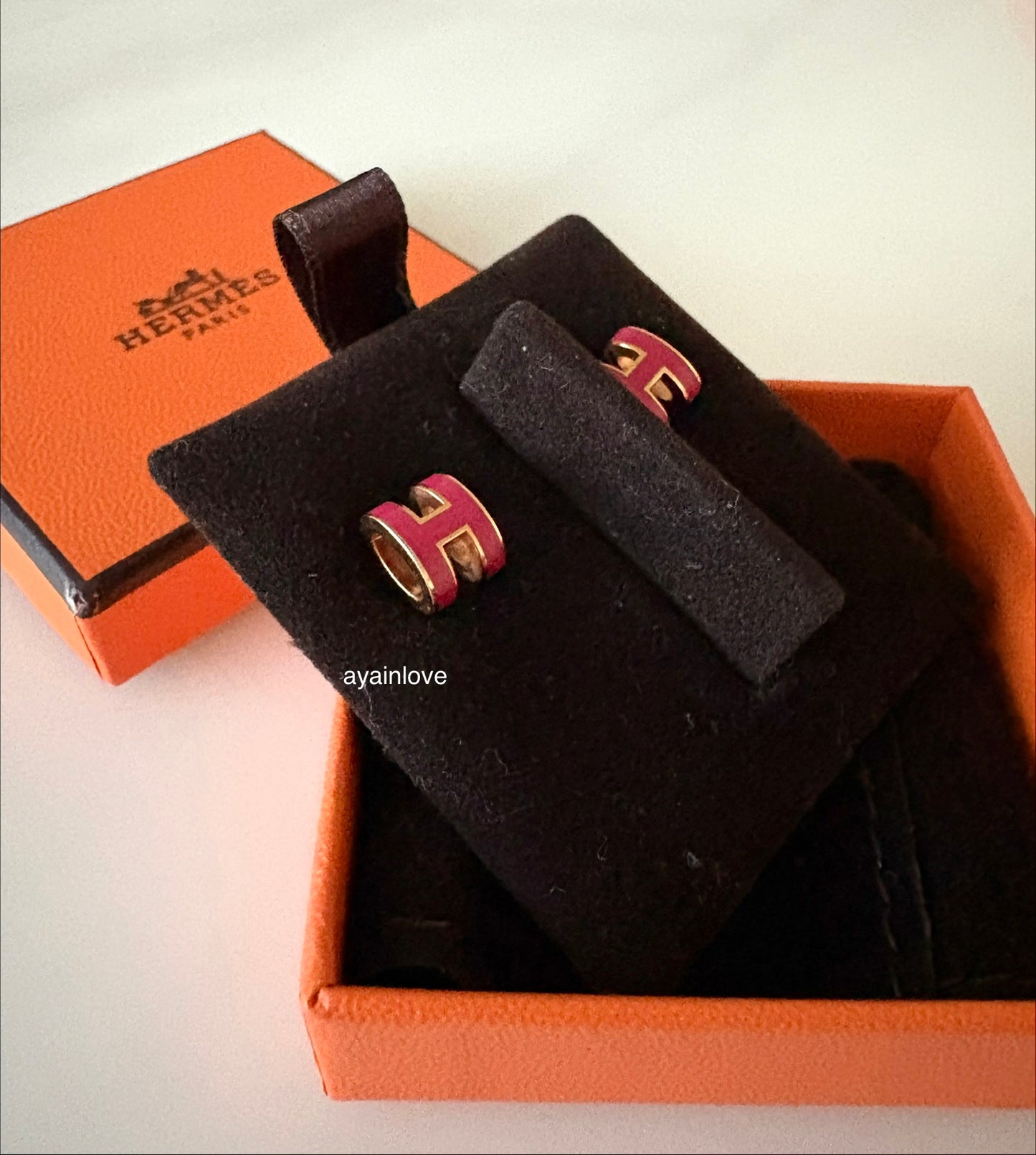 HERMES H Pop Mini Framboise Stud Earrings Rose Gold Hardware