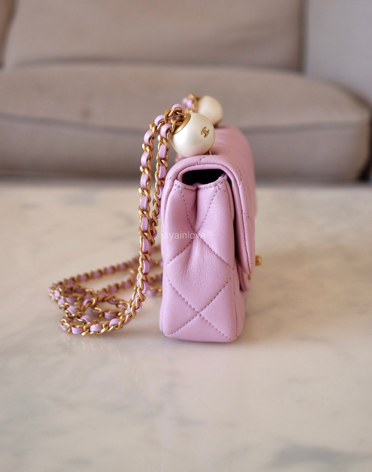 CHANEL 24S Pink Lambskin Twin Pearls Quilted Mini Flap Bag Adjustable Gold Hardware