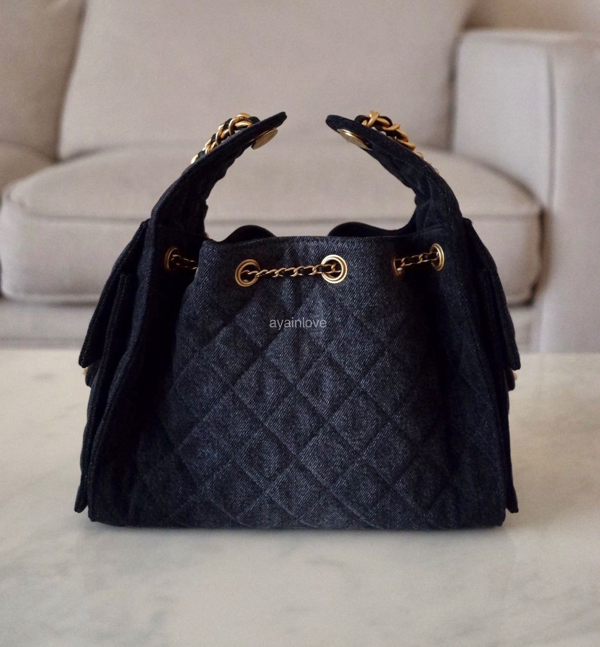 CHANEL 26P Black Washed Denim Small 25 Bag Gold Hardware