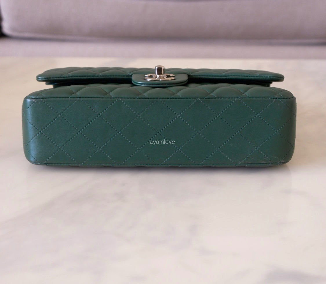 CHANEL Dark Green Lambskin Medium/Large Classic Flap Silver Hardware