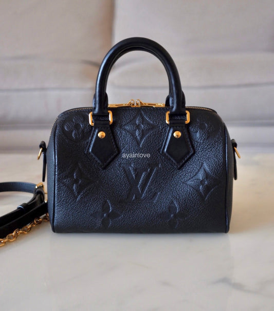 LOUIS VUITTON LV Black Monogram Empreinte Speedy Bandoulière 20 Gold Hardware
