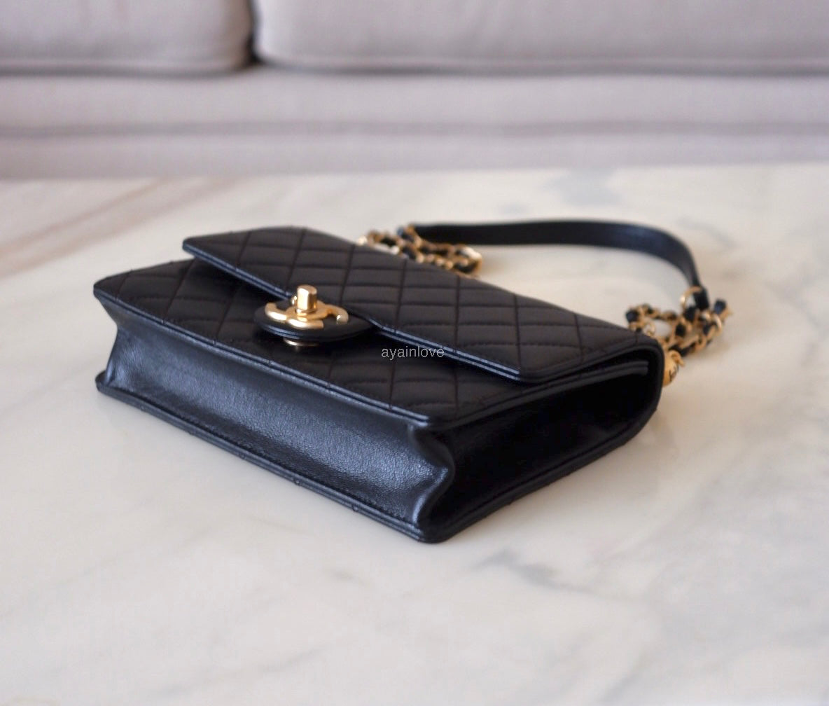 CHANEL 19S Chic Pearl Black Goatskin Flap Bag Gold Hardware