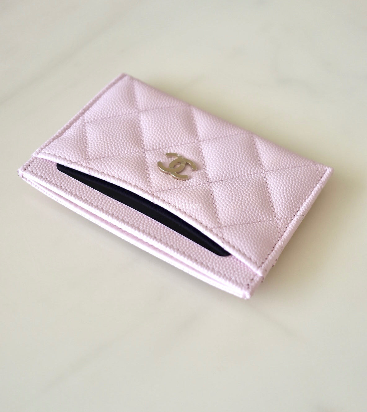 CHANEL 22P Light Pink Rose Clair Caviar Flat Card Holder Light Gold Hardware