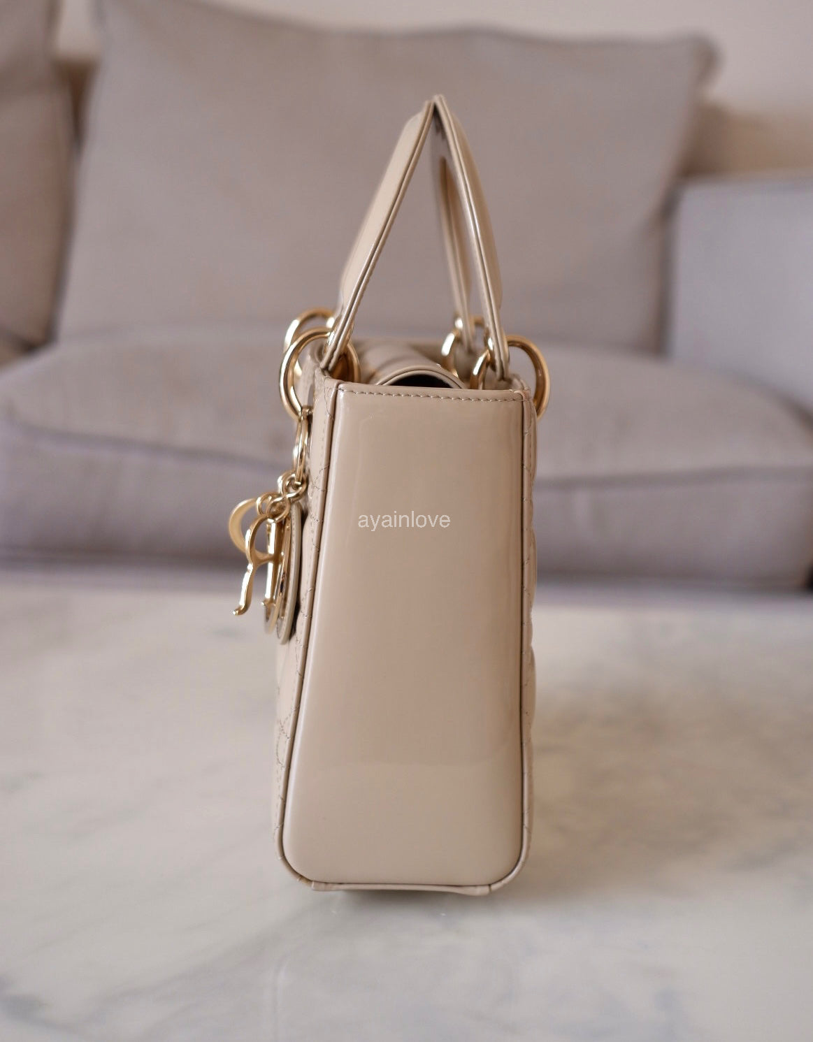 DIOR Small Lady Dior Beige Patent Cannage Calf Skin Bag