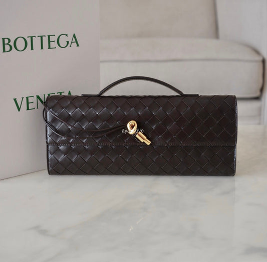 BOTTEGA VENETA BV Fondant Brown Andiamo Long Clutch Top Handle Gold Hardware