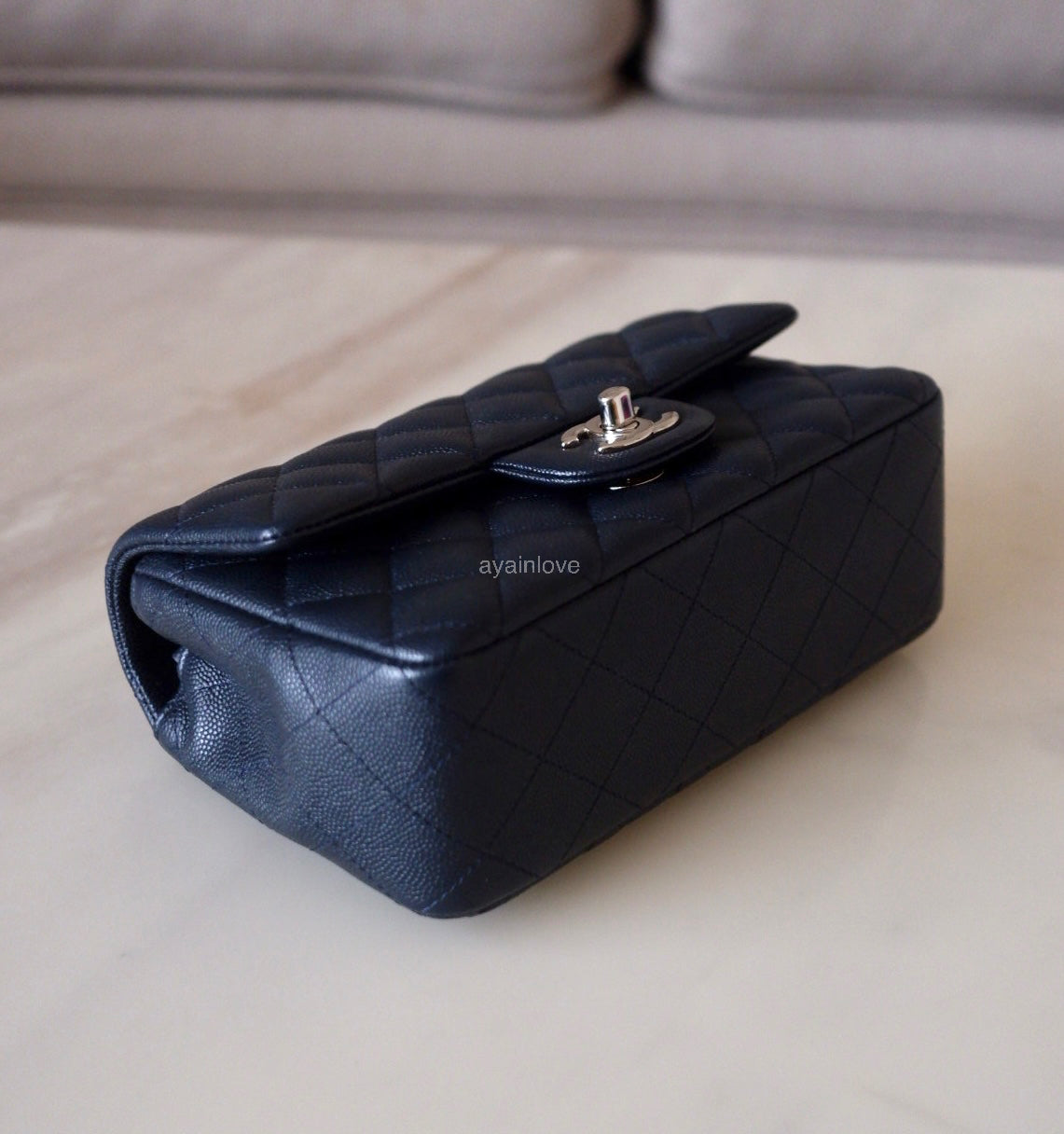 CHANEL 18B Navy Blue Caviar Quilted Rectangular Mini Flap Bag Silver Hardware