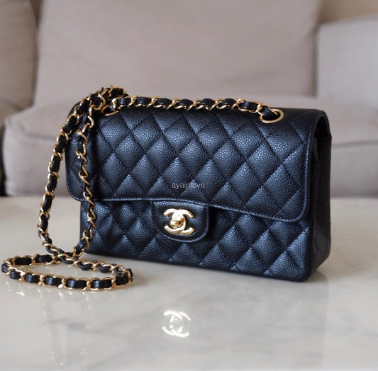 CHANEL Black Caviar Quilted Small Classic Flap Bag Gold Hardware