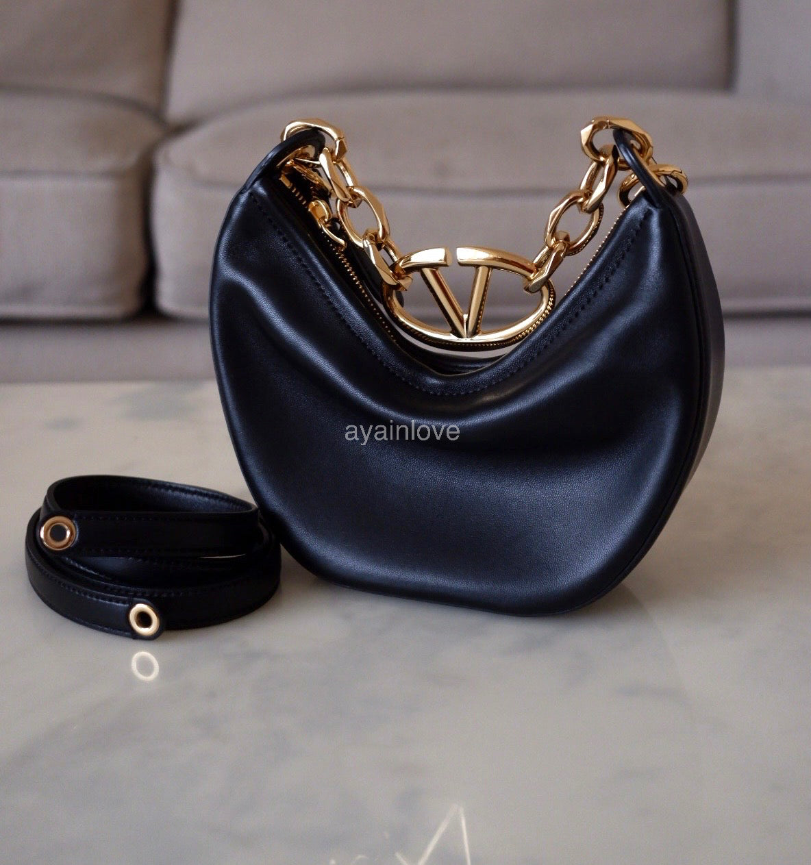 VALENTINO Vlogo Black Moon Zip Up Mini Hobo Bag Gold Hardware