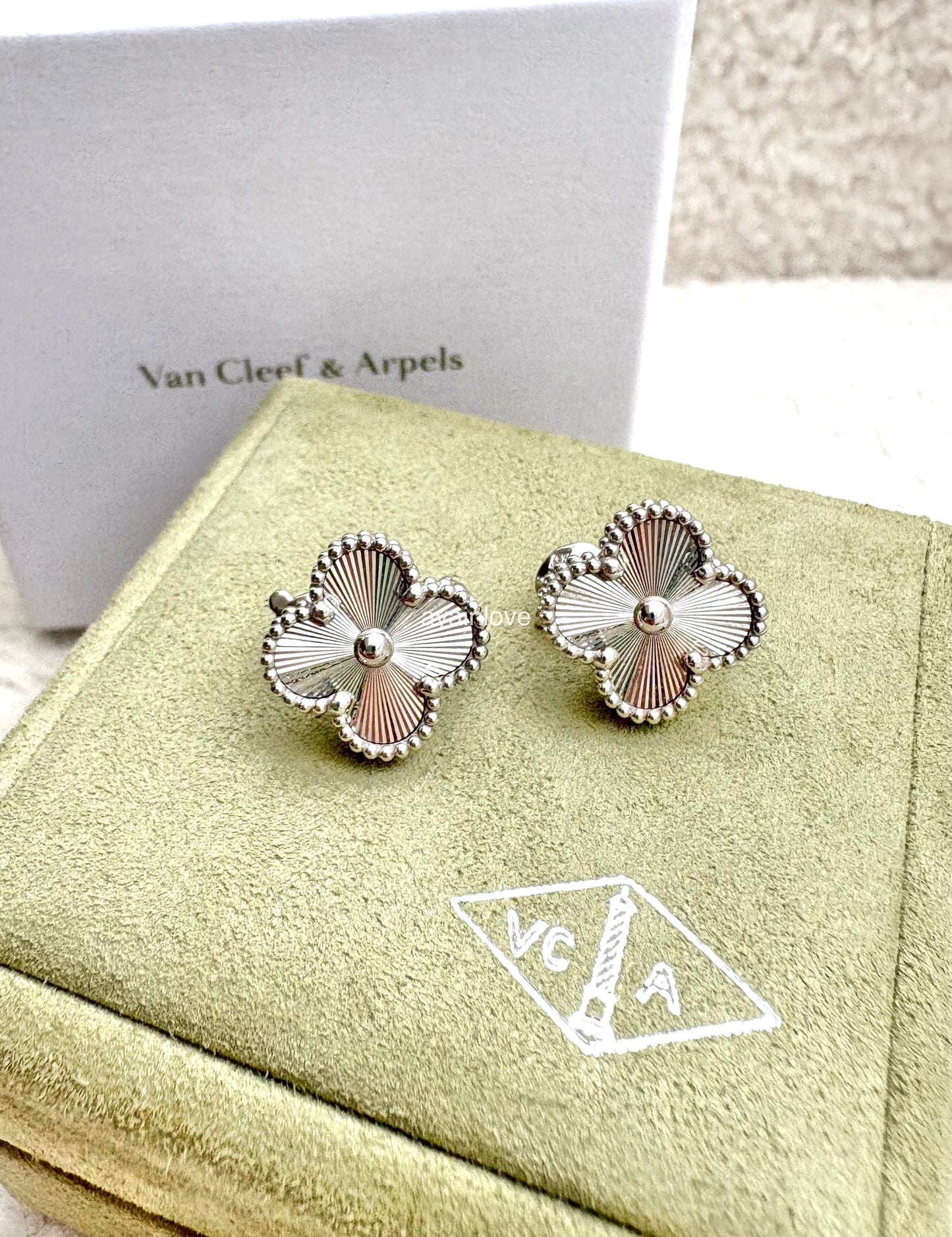 VAN CLEEF ARPELS VCA 18KT White Gold Guilloche Vintage Alhambra Earrings