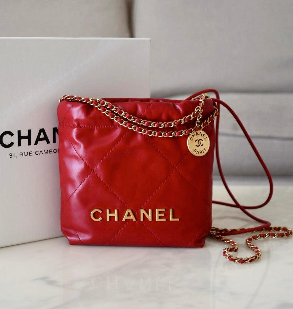 CHANEL Mini 22 Red Shiny Calf Skin Bag Gold Hardware