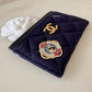 CHANEL 18A Charming Navy Blue/Burgundy Wool/Calfskin Flat Card Holder Oversized CC Gold Hardware