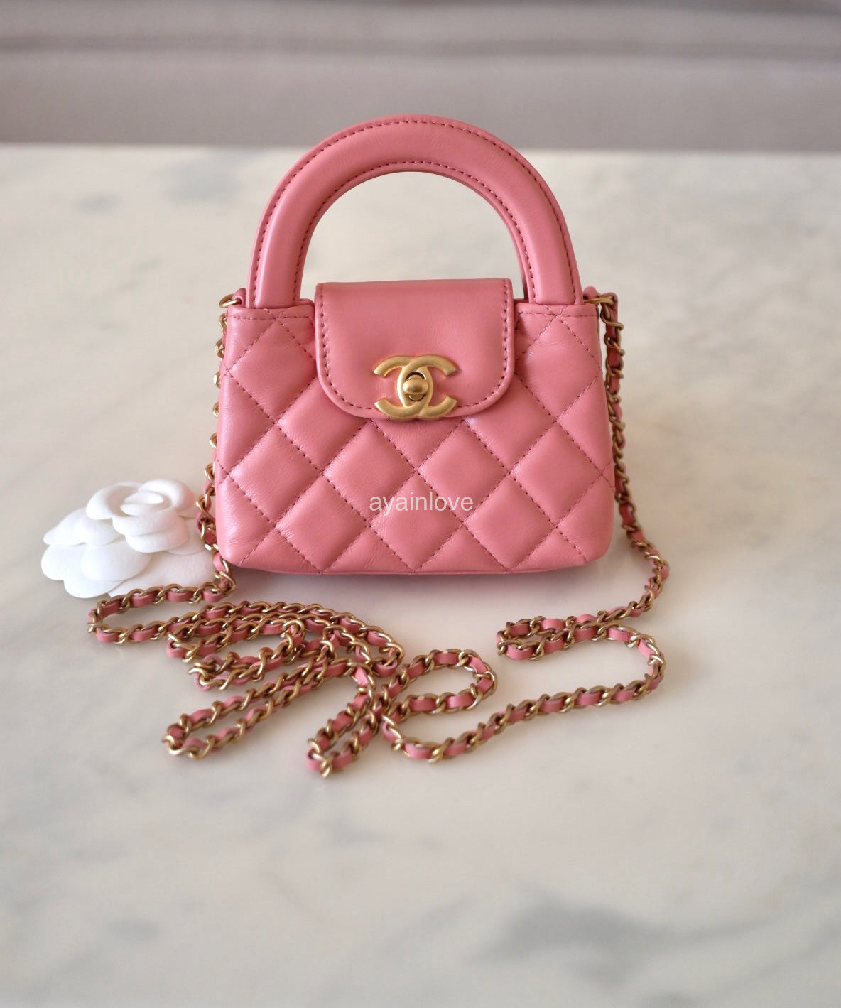 CHANEL 23K Pink Shiny Calf Skin Micro Shopping Bag Kelly Clutch on Cha AYAINLOVE CURATED LUXURIES