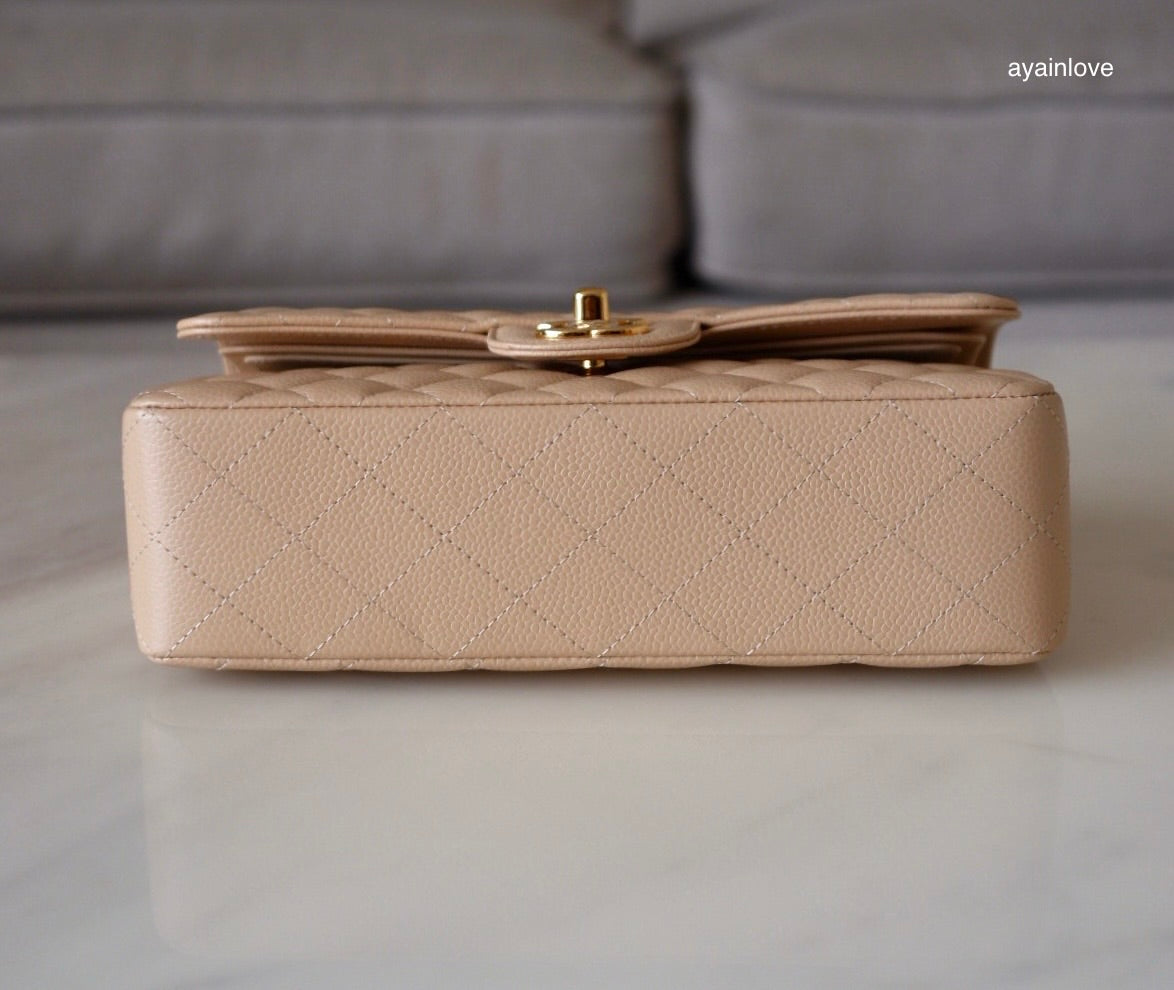 CHANEL Beige Clair Caviar Small Classic Flap Bag Gold Hardware
