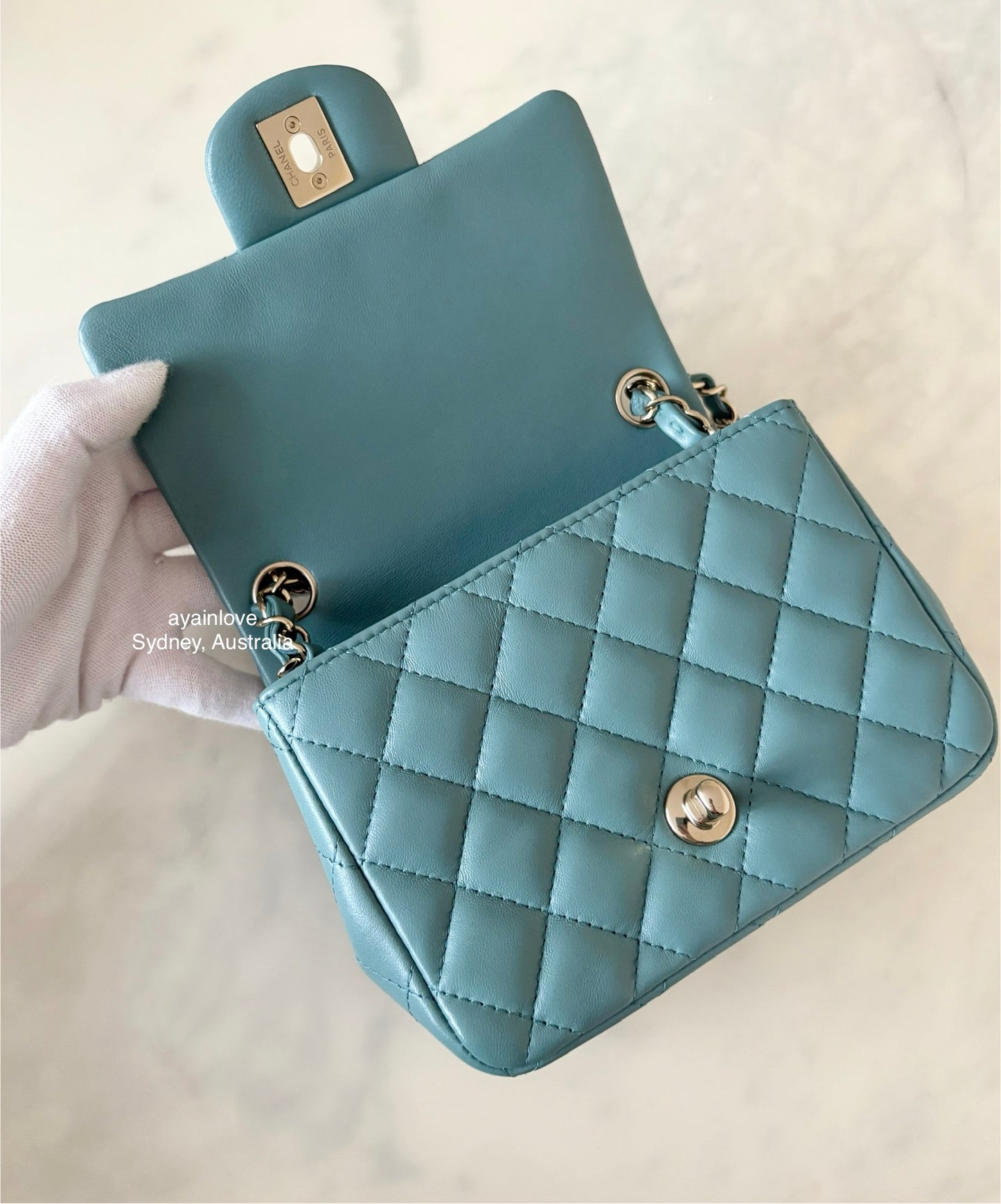CHANEL 2022 Turquoise Blue Lambskin Microchipped Quilted Square Mini Flap Bag Light Gold Hardware