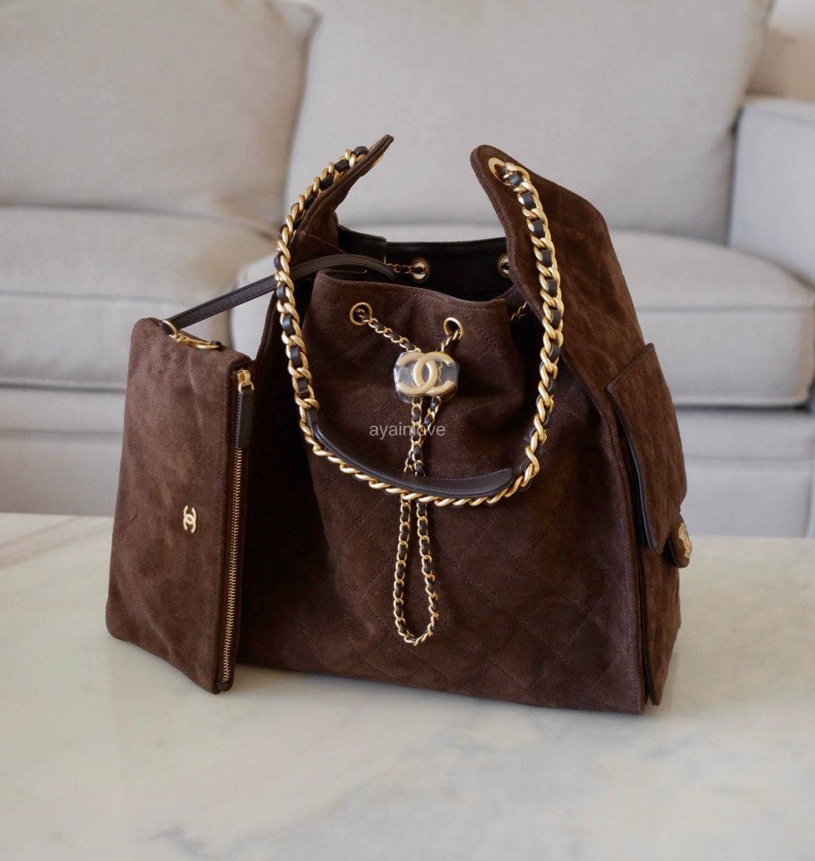 CHANEL 26C Dark Brown Suede Calfskin Medium 25 Bag Gold Hardware