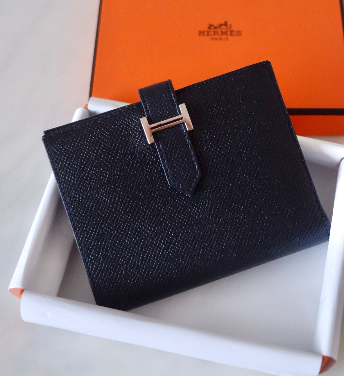 HERMES Bearn Compact Wallet Epsom Black Noir Palladium Hardware C Stamp