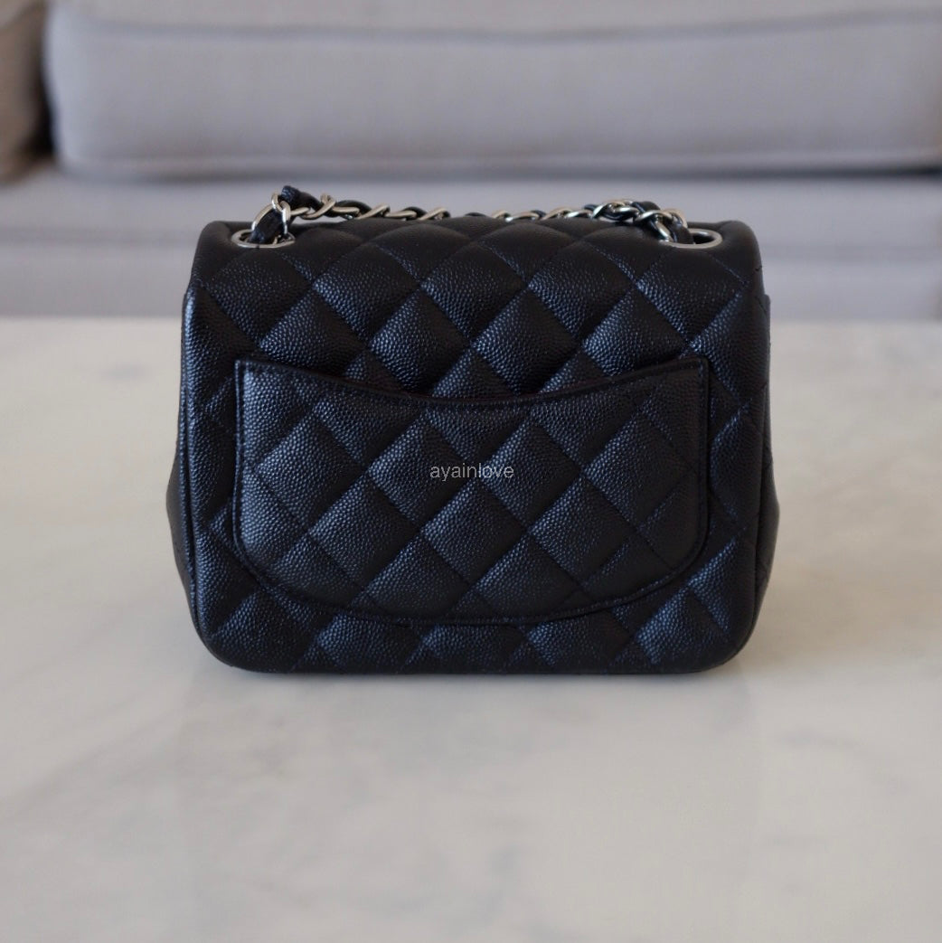 CHANEL 17B Black Caviar (Burgundy Interior) Quilted Square Mini Flap Bag Silver Hardware