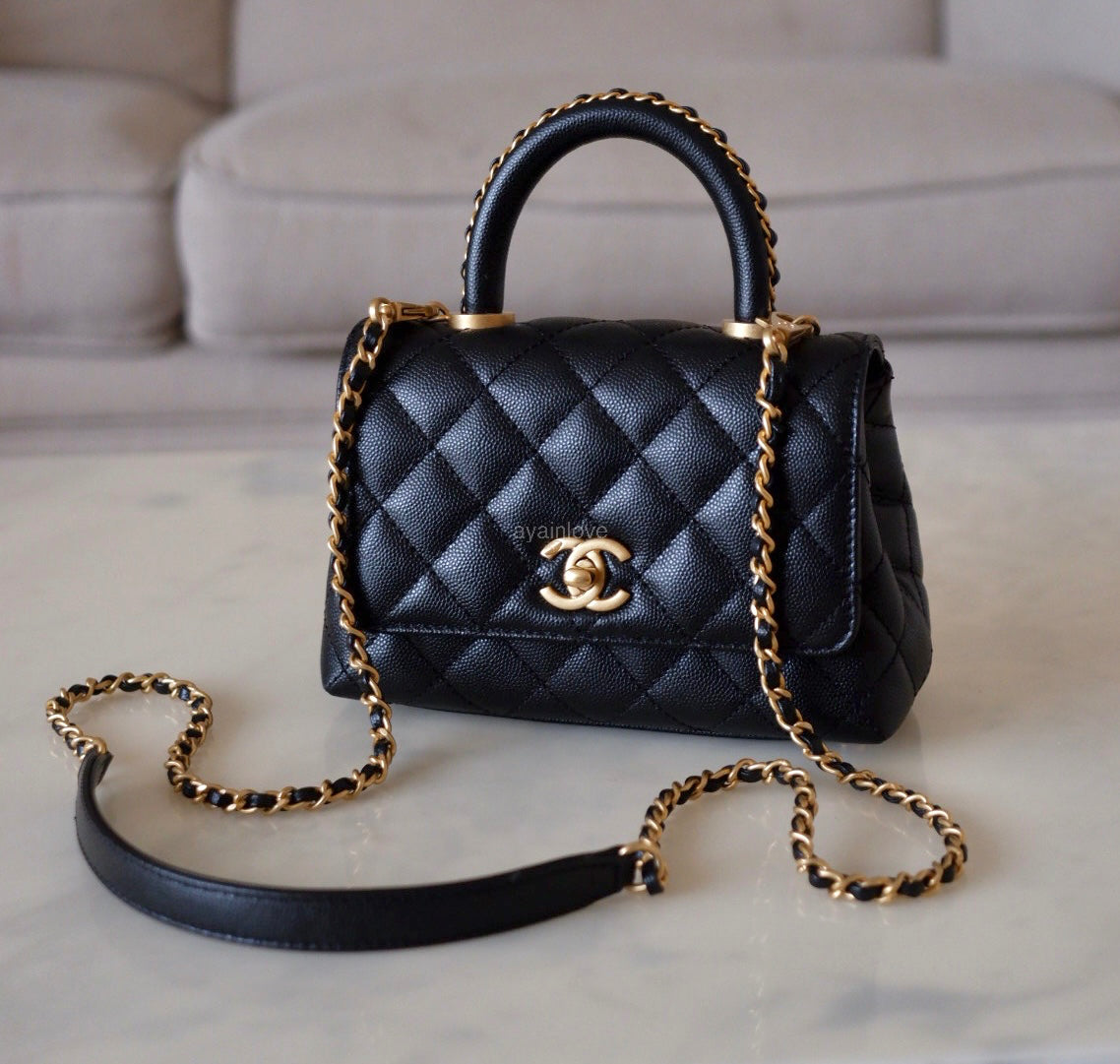 CHANEL Black Caviar Coco Chain Leather Handle Mini 19cm *Microchipped* Brushed Gold Hardware