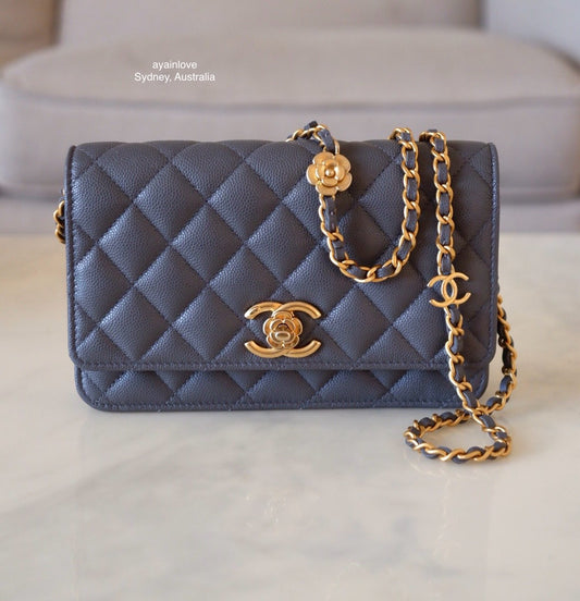 CHANEL 23K Dark Grey Caviar Camellia CC Wallet On Chain *Microchipped* Brushed Gold Hardware