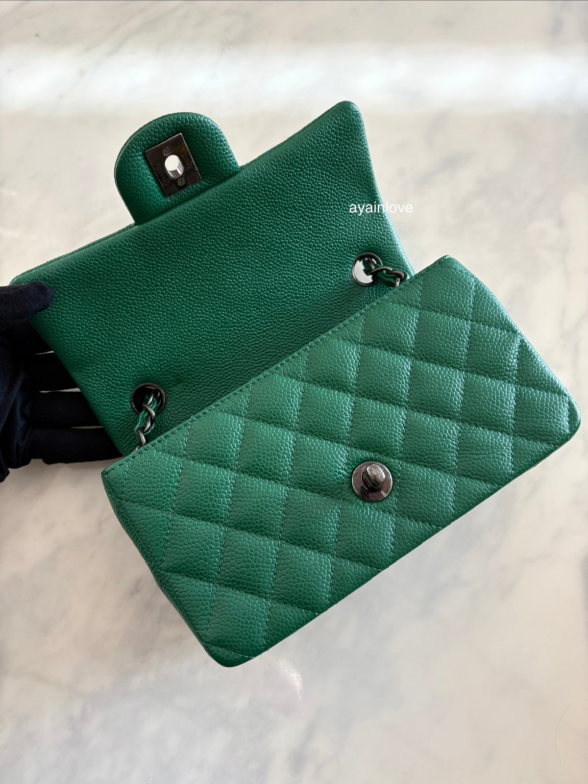 CHANEL Green Caviar Classic Quilted Rectangular Mini Flap Bag Ruthenium Hardware