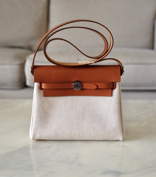 HERMES Herbag Mini Zip 20 Vache Hunter Ecru Beige/Fauve Palladium Hardware W Stamp