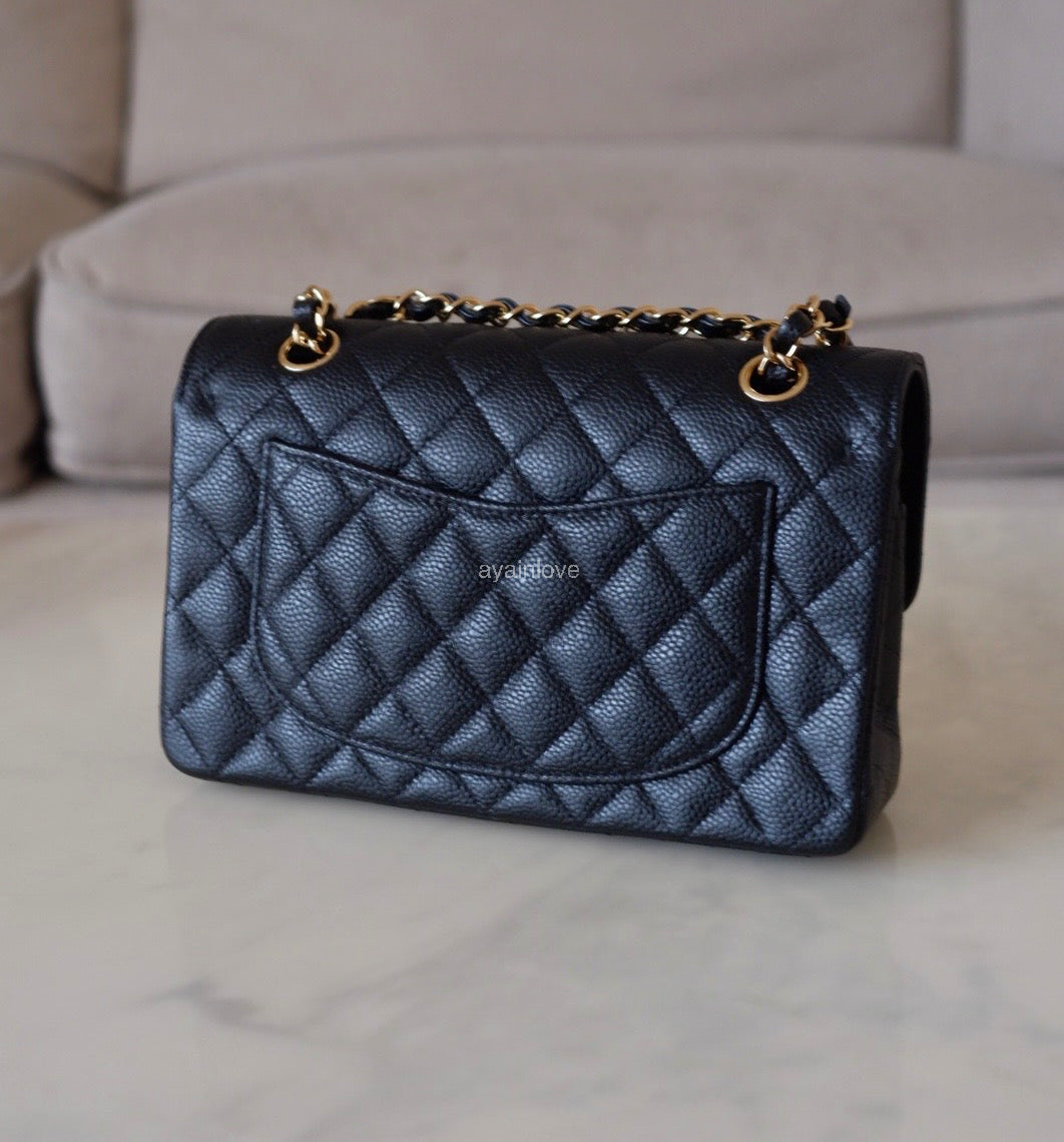 CHANEL Black Caviar Quilted Small Classic Flap Bag Gold Hardware