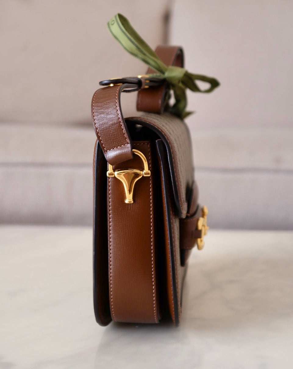 Gucci Horsebit 1955 Medium Brown GG Supreme Monogram Bag Gold Hardware