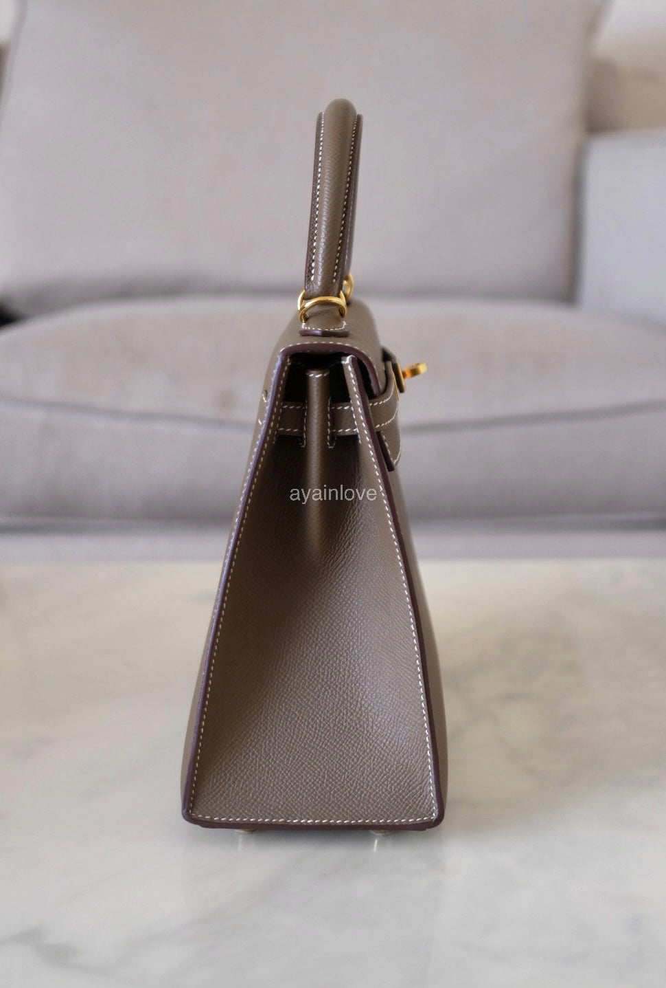 HERMES Kelly 25 Etoupe Epsom Bag Gold Hardware W Stamp