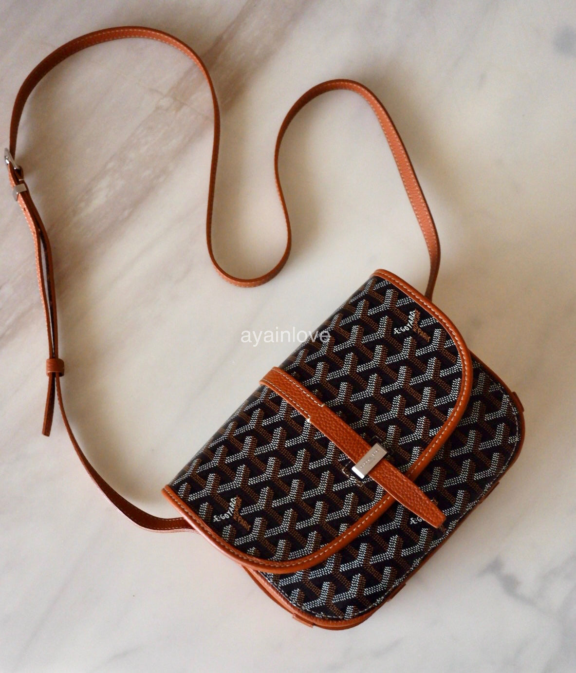 GOYARD Belvedere PM Goyardline Canvas/Calfskin Tan Black Messenger Bag Silver Hardware
