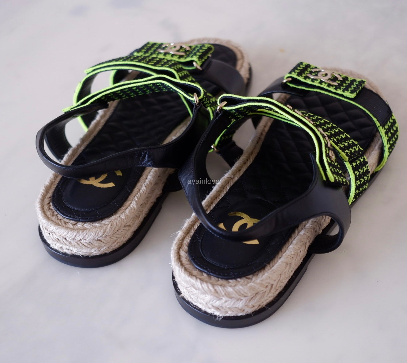 CHANEL Dad Sandals Black Green Houndstooth CC Gold Hardware Size 41