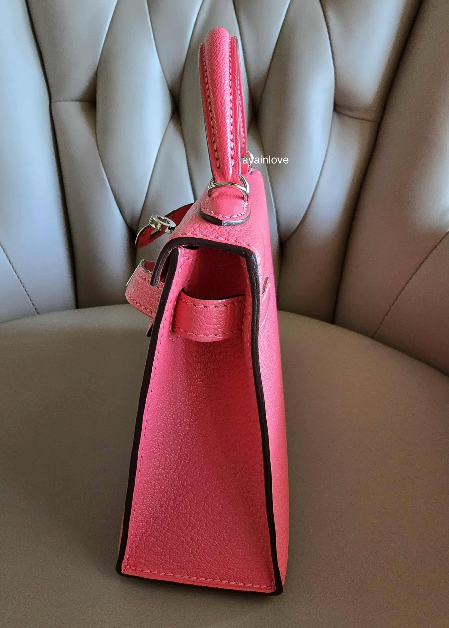 HERMES Mini Kelly 20 Pink Rose Lipstick Chèvre Mysore Palladium Hardware D Stamp