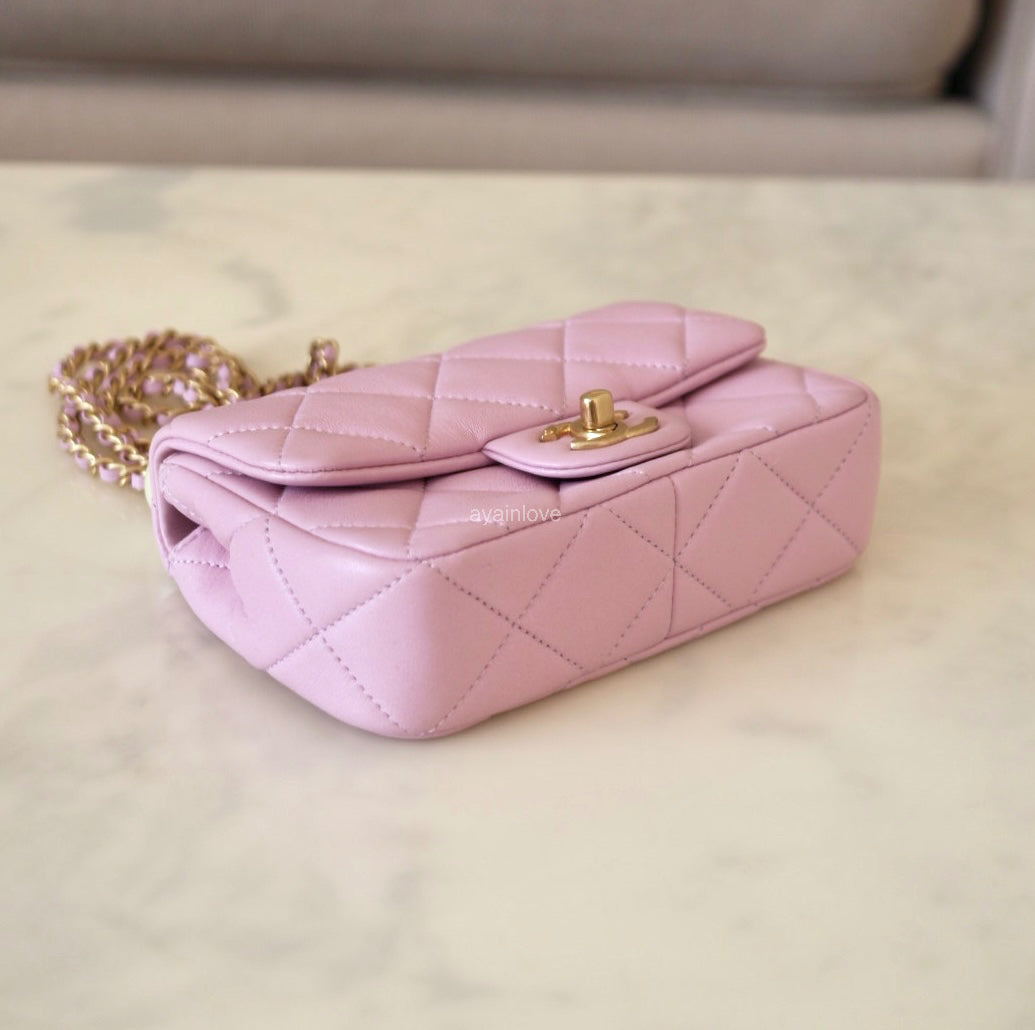 CHANEL 24S Pink Lambskin Twin Pearls Quilted Mini Flap Bag Adjustable Gold Hardware