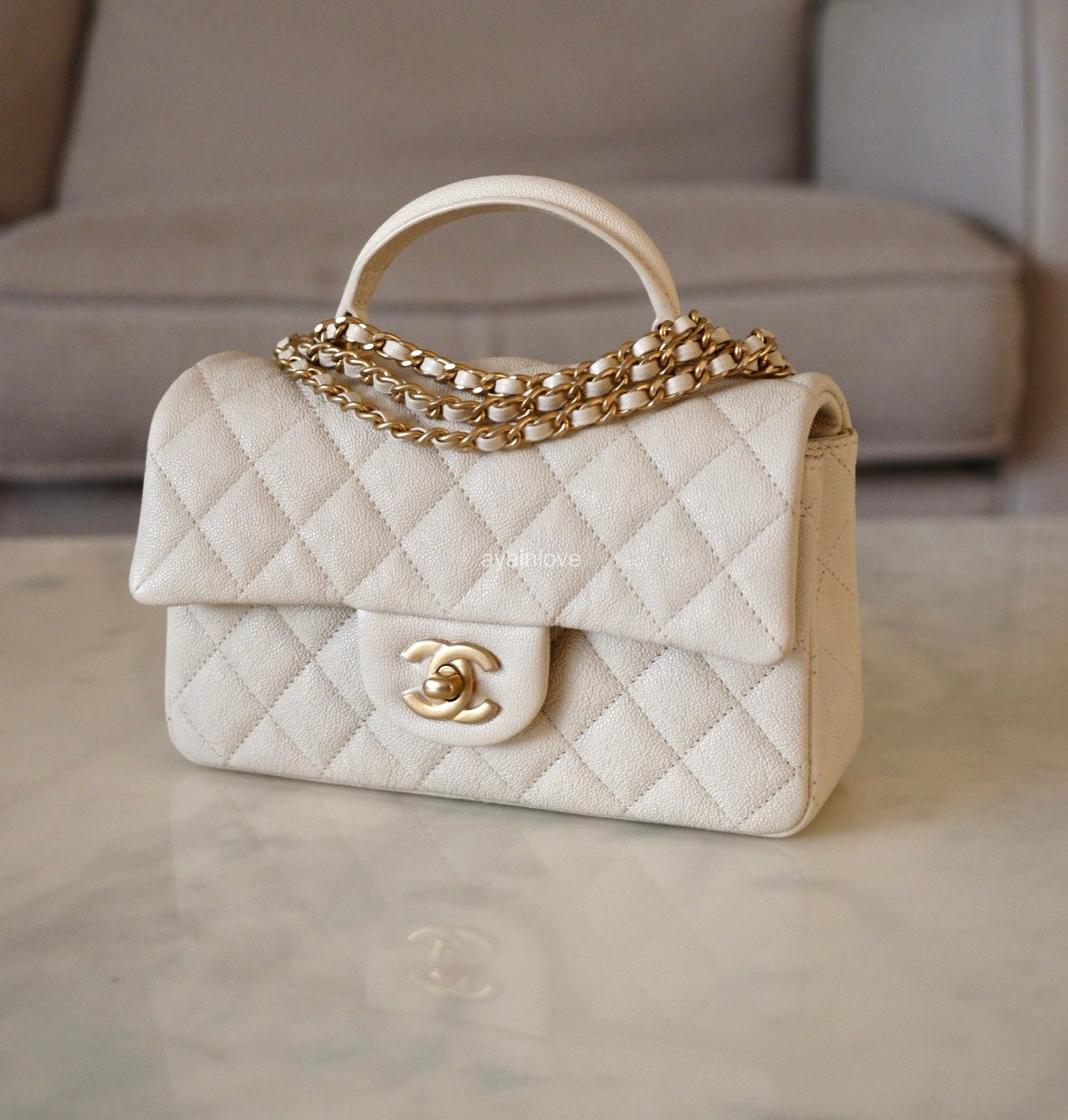 CHANEL 21S Light Beige Caviar Top Handle Rectangular Mini Bag Gold Hardware