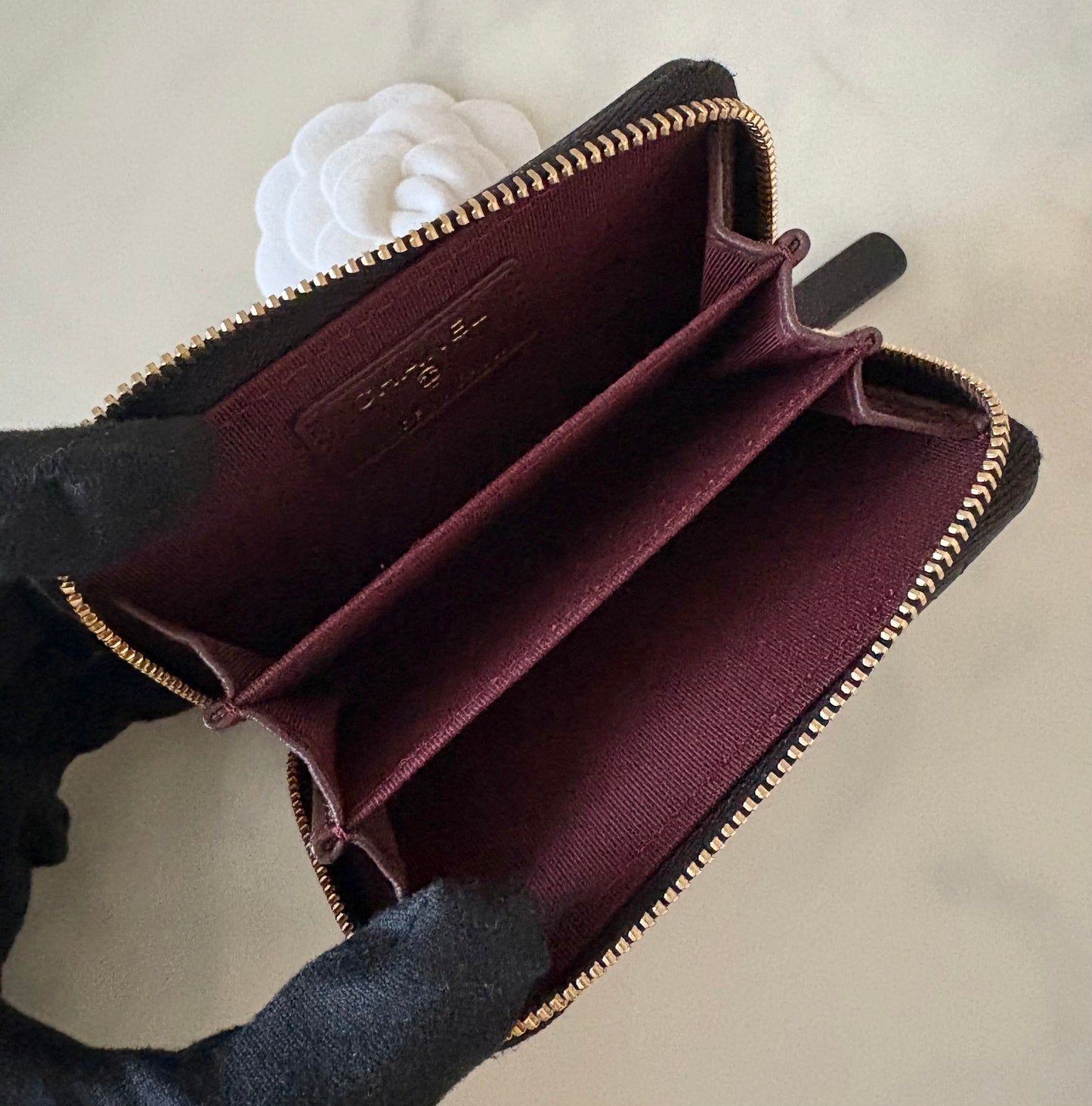 CHANEL Black Lamb Skin Zip Card Holder Gold Hardware