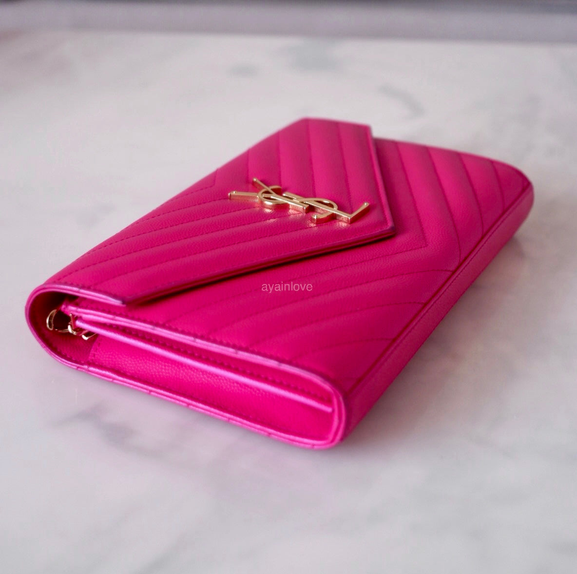 Yves Saint Laurent YSL Classic Cassandre Fuchsia Chevron Quilting Wallet on Chain Gold Hardware