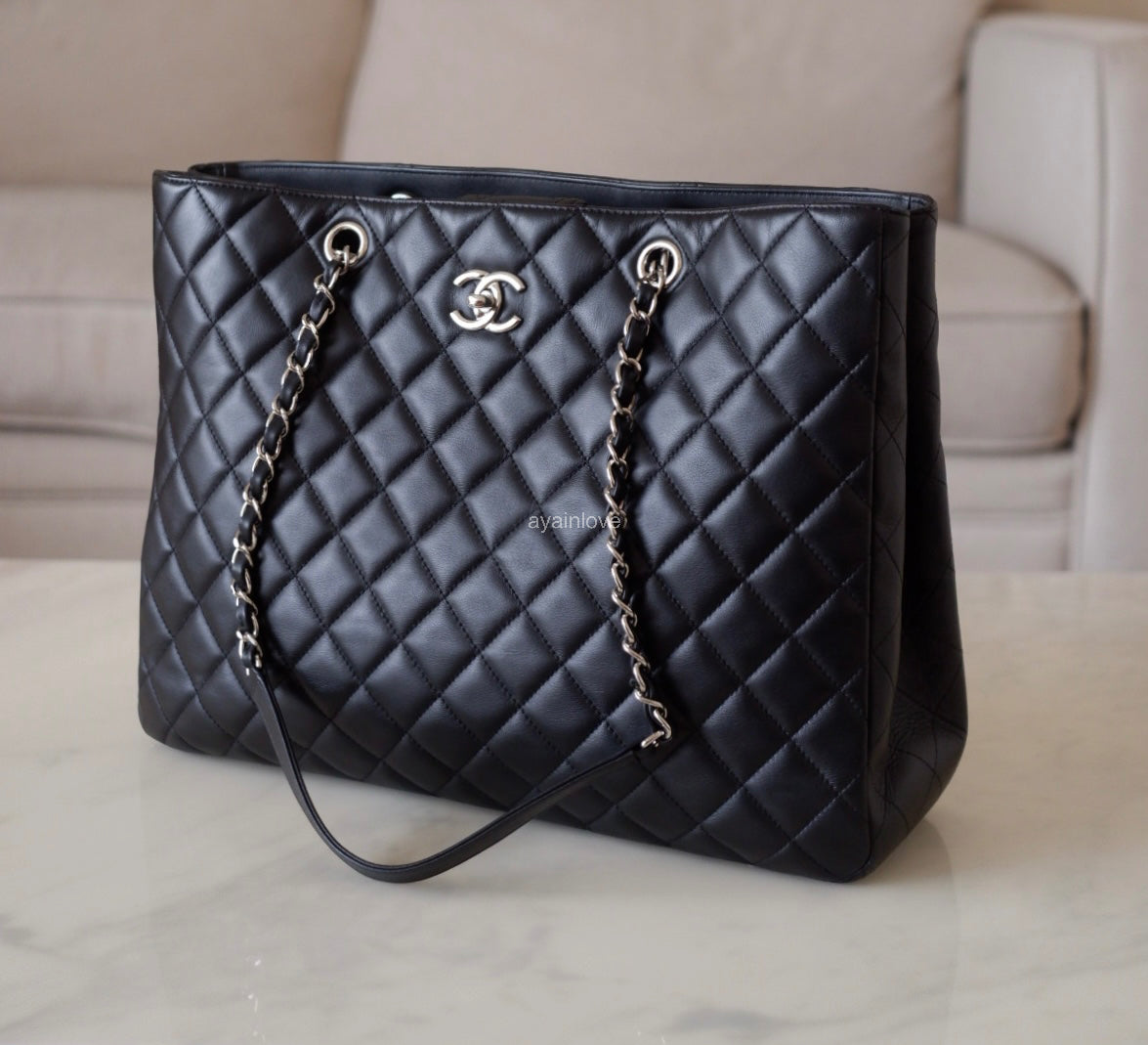 CHANEL Black Quilted Calfskin Tote Bag Classic CC Lock Silver Hardware
