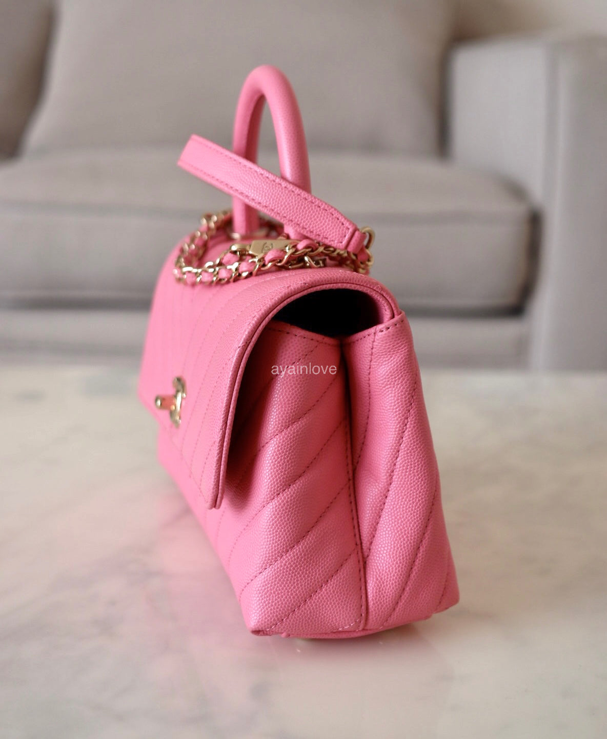 CHANEL Pink Caviar Chevron Small Coco Handle 24 cm Light Gold Hardware