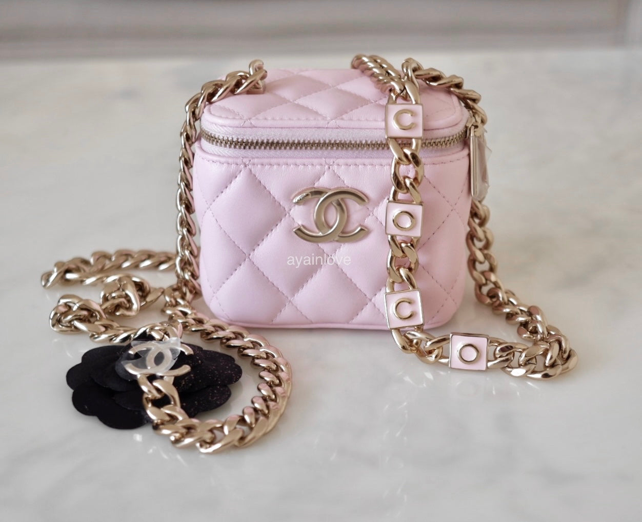 CHANEL 22S Light Pink Lamb Skin Square Vanity on Coco Chain Strap Light  Gold Hardware