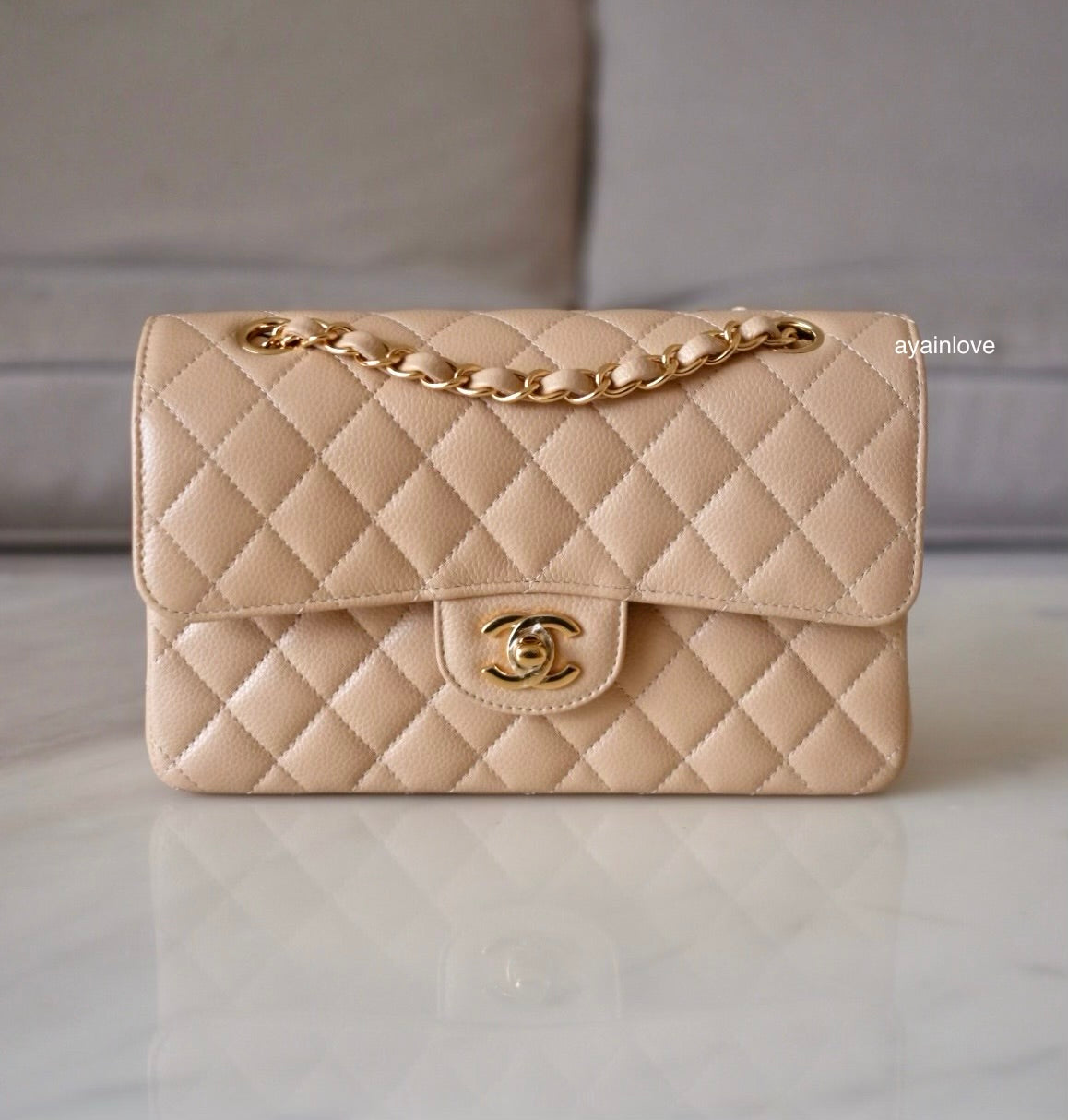 CHANEL Beige Clair Caviar Small Classic Flap Bag Gold Hardware