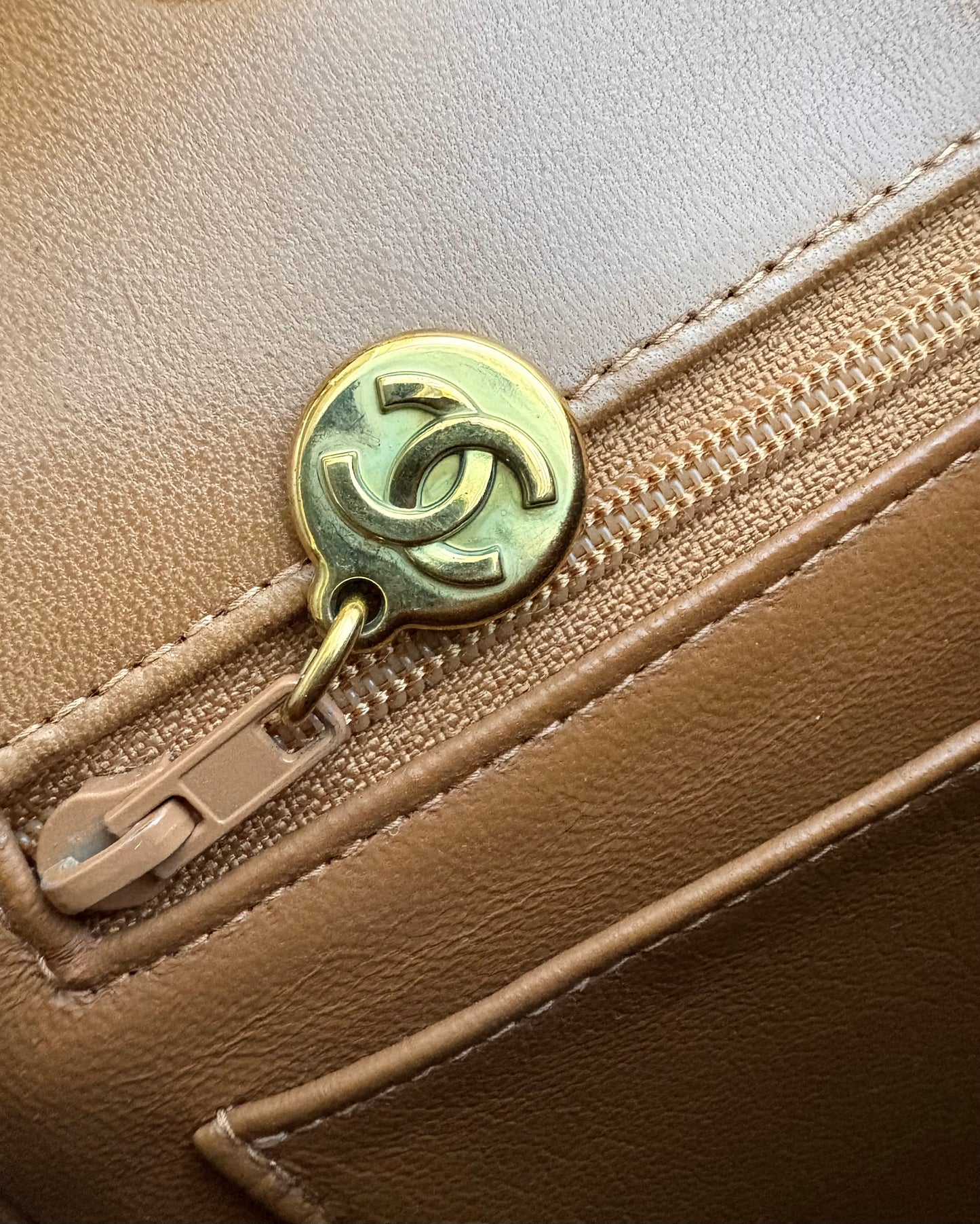 CHANEL Vintage Dark Beige Quilted Jumbo Classic Single Flap Oversized CC Bag 24KT Gold Plated Hardware Series 3