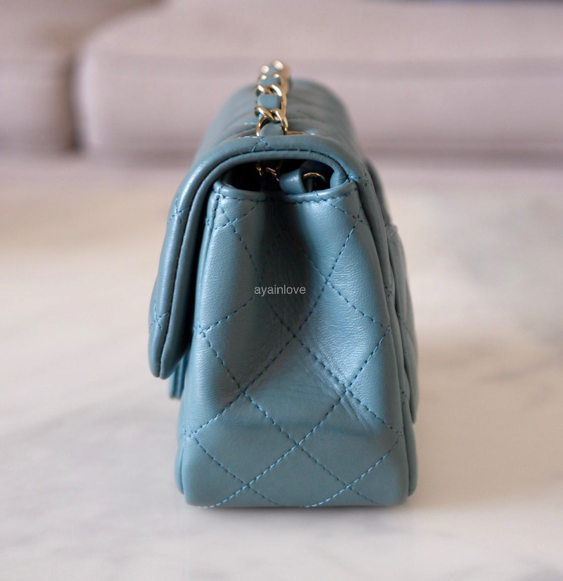 CHANEL 2022 Turquoise Blue Lambskin Microchipped Quilted Square Mini Flap Bag Light Gold Hardware