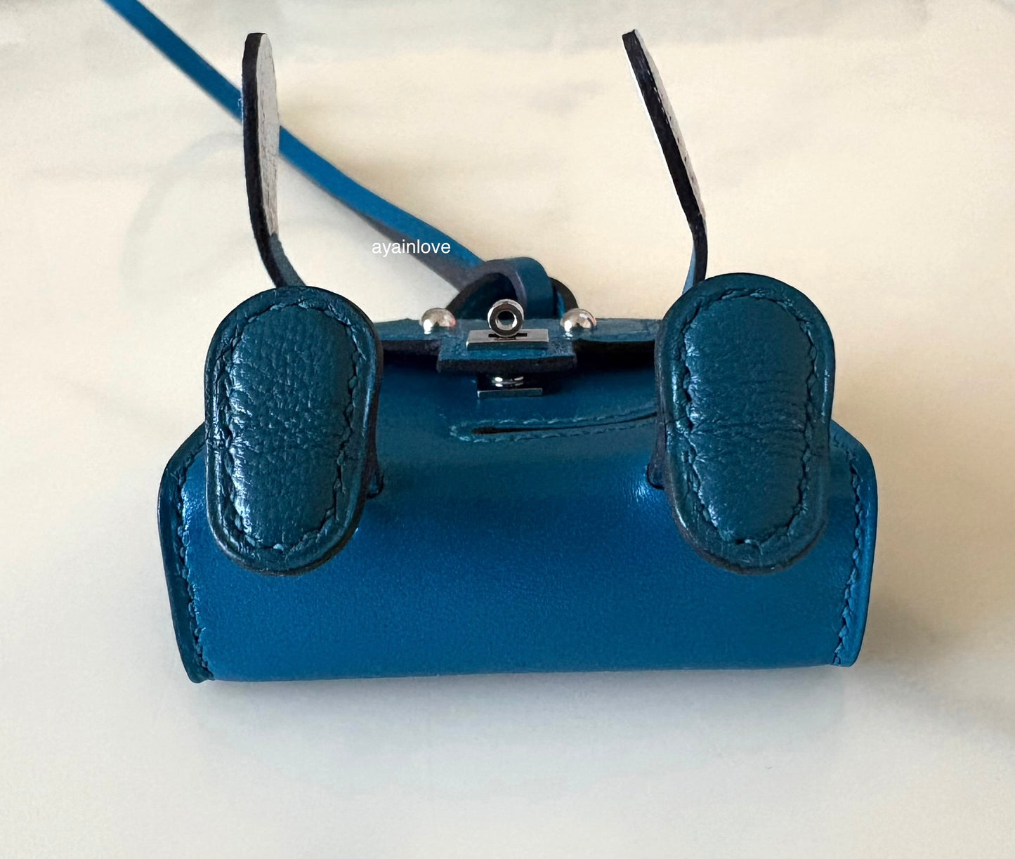 HERMES Kelly Doll Dole Tadelakt Bleu Izmir Bag Charm Palladium Hardware Z Stamp